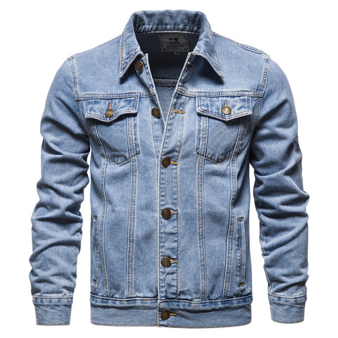 Veste en jean à boutonnage simple pour homme, veste Slim en coton, avec revers couleur unie, printemps-automne, décontracté, veste zippée ► Photo 1/6