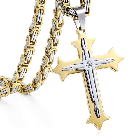 Colliers avec pendentif croix pour hommes, en acier inoxydable, couleur or, noir, argent, chaîne Byzantine, chaîne Hip Hop, idée cadeau, KP02 ► Photo 1/1