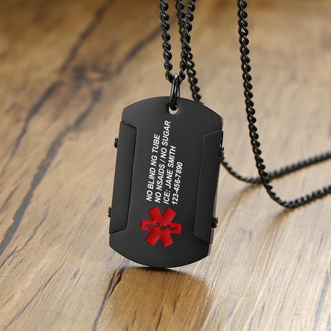 Collier pendentif en acier inoxydable pour hommes, alerte médicale personnalisée, identification, étiquette de chien, collier pour hommes, gravure gratuite ► Photo 1/6