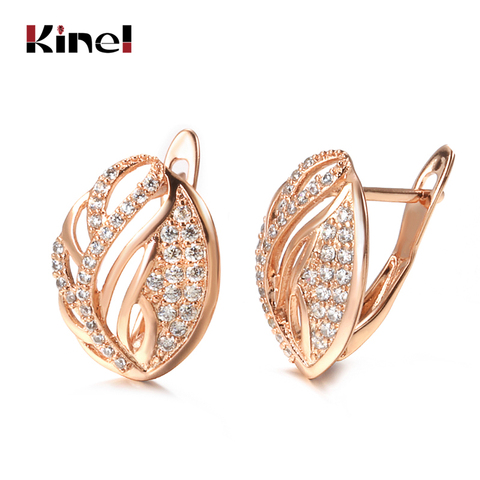 Kinel – boucles d'oreilles en forme de feuilles pour femmes, bijoux de luxe en or Rose, Zircon naturel, pavé clair, à la mode, de mariage, 585 ► Photo 1/6