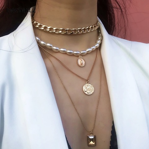 IngeSight.Z Punk Multi couches perle collier ras du cou collier déclaration vierge marie pièce cristal pendentif collier femmes bijoux ► Photo 1/6