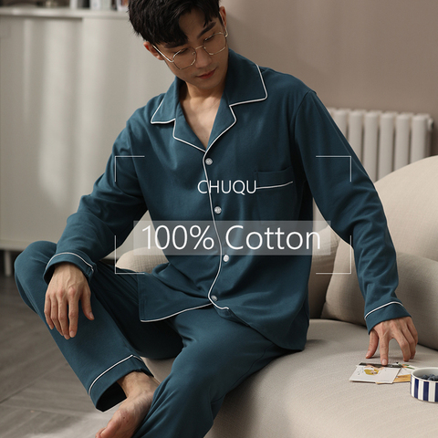 Hiver 100% ensemble de pyjamas en coton hommes vêtements de nuit vêtements de nuit manches longues PJ bleu Pijama Hombre printemps Homewear coton Pyjama Homme ► Photo 1/6