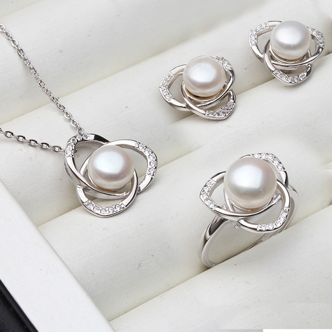 Real 925 argent collier naturel perle bijoux ensembles pour les femmes, perle d'eau douce boucle d'oreille pendentif blanc noir ► Photo 1/6