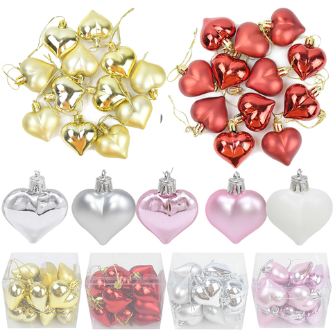 12 pièces en plastique coeur ornement pour noël arbre décor boules de noël décorations pour la maison suspendus mariage coeur forme fournitures ► Photo 1/5