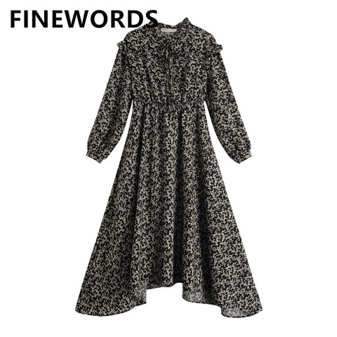 FINEWORDS coréen noir fleur imprimé longue Robe automne fête en mousseline de soie Robe Harajuku Vintage élégant Maxi Robe Robe ample Femme ► Photo 1/5