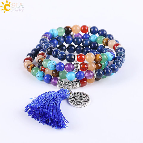 CSJA 7 Chakra multicouches bracelets à breloques bijoux Lapis Lazuli 108 Mala perles de prière Reiki guérison Yoga méditation puissance E660 ► Photo 1/6