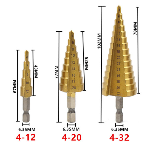 4-12/20/32mm HSS titane enduit étape foret outils de forage en métal haute vitesse en acier bois trou Cutter étape cône perceuse ► Photo 1/6