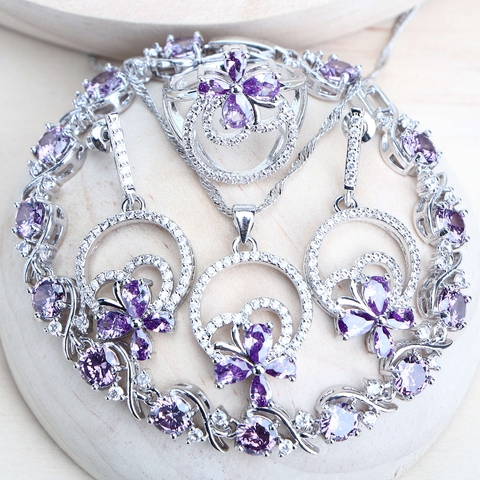 Ensembles de bijoux de mariée pour femmes, argent 925, zircon violet, bijoux de Costume, Bracelets, bagues de mariage, boucles d'oreilles, pendentifs ► Photo 1/6