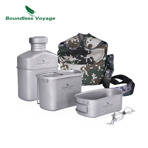 Voyage illimité Camping en plein air titane cantine militaire tasses ensemble bouteille d'eau bol bouilloire ensemble de cuisine Kit de Mess ► Photo 1/1