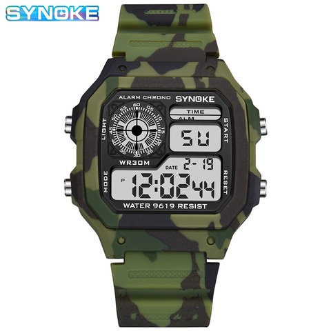 Synoke – montres de Sport pour hommes, horloge militaire, pour étudiants garçons, vert Camouflage, 3 barres, étanche, alarme, Date lumière numérique LED ► Photo 1/6