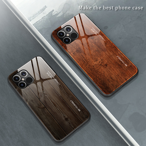 Coque de téléphone à Grain de bois, étui en verre trempé pour iPhone 11 12 Pro Max 12 Mini SE 2022 XR XS MAX X 6 s 7 8 plus ► Photo 1/6