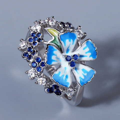 Bague en argent 925 pour femmes, anneau de fleur bleue, émail fait à la main de Style ethnique, bijoux pour dames, bagues de mariage ► Photo 1/5