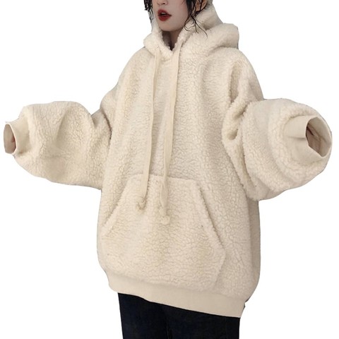 2022 hiver agneau en peluche chaud dames pull couleur unie blanc Plus velours épaississement décontracté ample lanterne manches sweat à capuche pour femme ► Photo 1/6