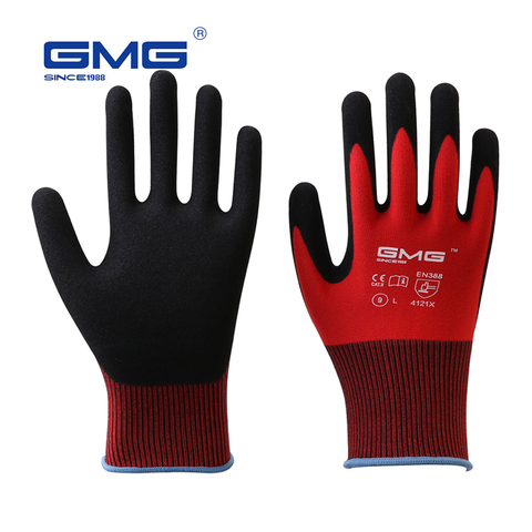 GMG – gants de sécurité de travail pour hommes, 3 paires, revêtement en Nitrile et sable, coquille de Polyester rouge, noir ► Photo 1/6