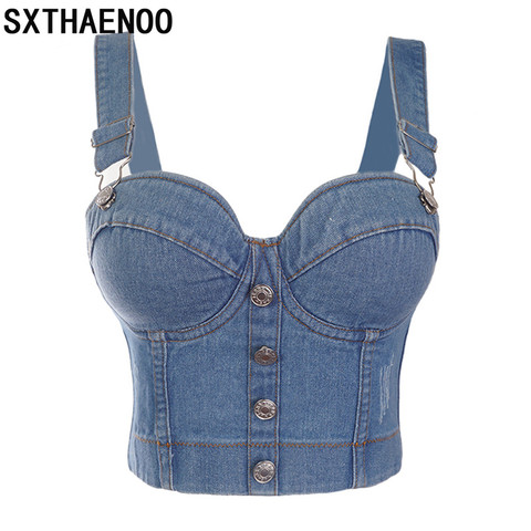 SXTHAENOO Fashion Sexy Denim Jeans Women's Button Bustier Bra Night Club Party Cropped Top Vest Plus Size ► Photo 1/6