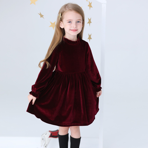 Enfants robe hiver fille robe pour filles couleur unie or velours filles robe à manches longues ► Photo 1/6