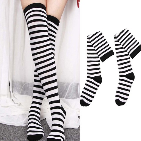 Noir blanc rayé bas Long femmes coton chaud sur le genou chaussettes Sexy cuisse haute bas automne hiver nouveau 1 paire ► Photo 1/6