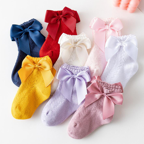 Chaussettes de cheville pour nouveau-né de 0 à 5 ans, chaussettes en coton avec nœuds, ajourées, d'été, à volants, pour filles en bas âge ► Photo 1/6