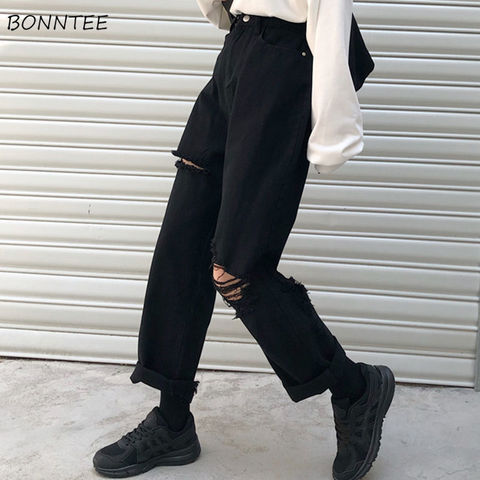 Jean femme Denim trou bouton de fermeture éclair poches pantalons droits décontracté ample coréen à la mode rétro Harajuku quotidien femmes Streetwear ► Photo 1/6