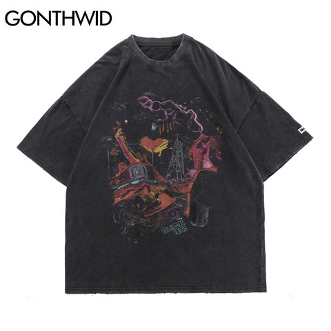 GONTHWID surdimensionné T-Shirts Hip Hop en détresse Graffiti Punk Rock gothique T-Shirts Streetwear Harajuku Hipster haut à manches courtes ► Photo 1/1