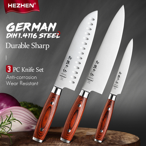 HEZHEN – ensemble de couteaux de Chef Santoku, utilitaire en acier inoxydable, manche en bois Pakka couteaux de cuisine tranchants, outils, belle boîte cadeau 1-3 pièces ► Photo 1/6