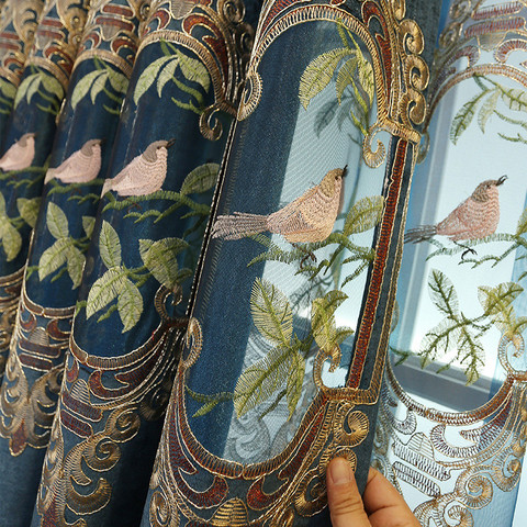 Rideaux brodés d'oiseaux de luxe pour salon chinois classique évider Chenille bleu marron fenêtre Cortinas zh447C ► Photo 1/6