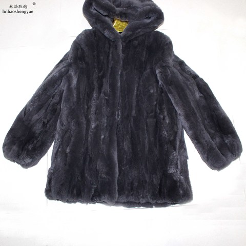 Manteau en fourrure de lapin véritable à manches longues, avec capuche ► Photo 1/6