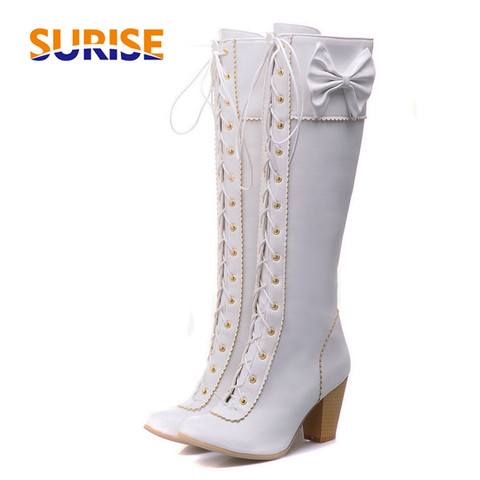 Bottes de genou en cuir PU pour femmes, douces, bout rond de 7cm, hautes, talon, fermeture éclair, hiver à lacets ► Photo 1/6