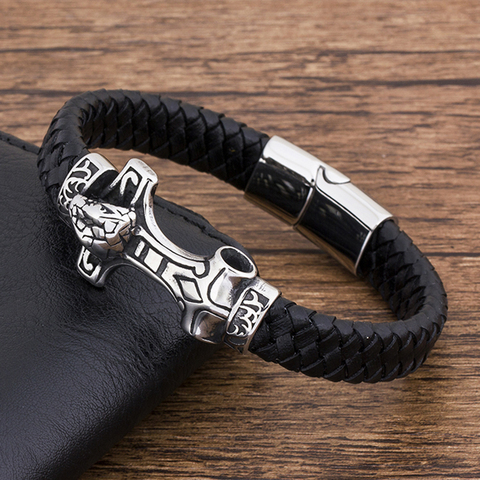 Bracelet à breloques en acier inoxydable pour hommes, cuir véritable noir, corde, personnalisé, couple, accessoires de luxe, bijoux tricotés à la main ► Photo 1/4