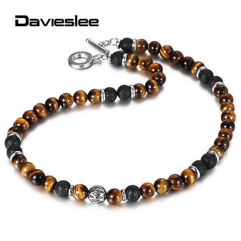 8mm naturel yeux de tigre pierre lave collier de perles pour femmes hommes 18-20 pouces chaîne à maillons en acier inoxydable perle collier à breloques LTNB002 ► Photo 1/6