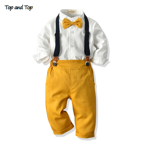 Haut et haut à la mode enfants garçon Gentleman ensemble de vêtements à manches longues chemise blanche hauts + salopette vêtements tenue garçon costume formel Bebes ► Photo 1/6