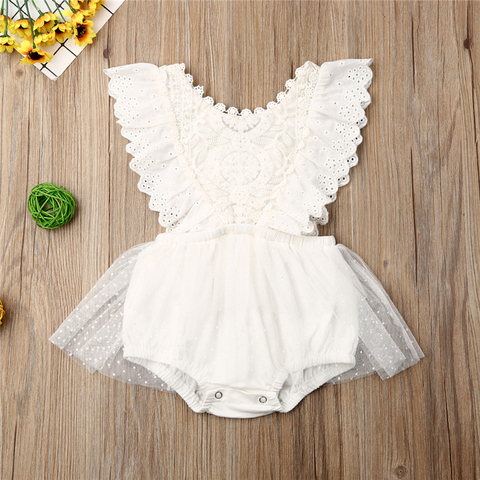 Vêtements d'été pour bébés filles, sans manches, couleur unie, dentelle blanche, fleur à volants, barboteuse une pièce, tenue solaire, 2022 ► Photo 1/6