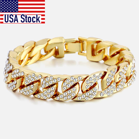 14mm Hommes de Hip Hop Miami Curb Cubain Bracelet Or Argent Iced Out Pavée Strass Rapper Big Bracelet Bijoux 8-11 pouce GB403 ► Photo 1/6