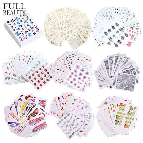 1 ensemble mixte Design nouveau Nail Art autocollant ensemble noir dentelle or argent paillettes fleur eau décalcomanie enveloppes décor manucure CH830 ► Photo 1/6