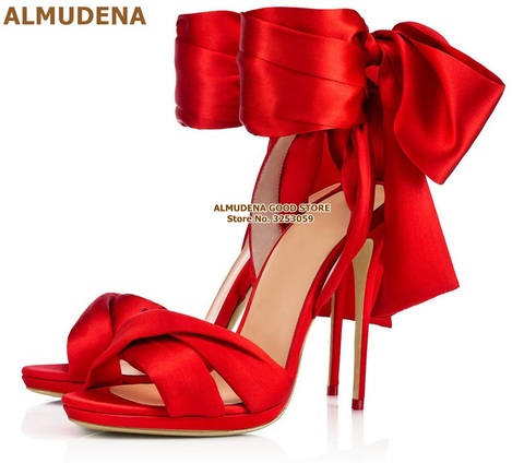 ALMUDENA – sandales à gros nœud papillon en Satin rouge, chaussures de mariage, à lacets, en soie, à talons aiguilles, pour célébrités ► Photo 1/6