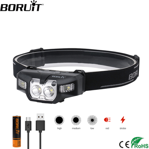 BORUiT B30 2 * XP-G2 + 2*3030 rouge LED Mini phare IR capteur de mouvement 5-Mode phare Rechargeable étanche tête torche pour la chasse ► Photo 1/6