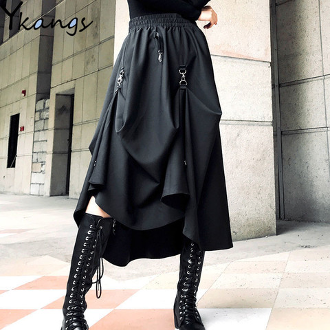 Jupe taille haute avec boucle, Style Punk Harajuku, jupe gothique irrégulière, noire, Streetwear Hip Hop, ajustable librement ► Photo 1/6