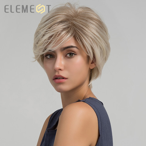 Élément court droit Ombre brun clair à blond couleur synthétique coupe de lutin perruques pour blanc/noir femmes vêtements quotidiens ► Photo 1/6