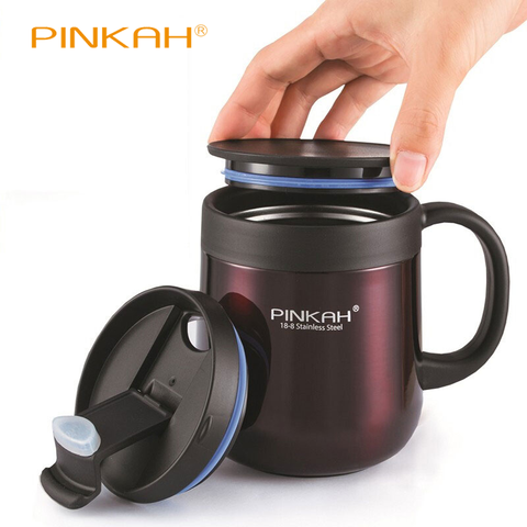 Pinkah – tasse isotherme en acier inoxydable 340, 460 et 304 ML, tasse de bureau avec poignée et couvercle ► Photo 1/6