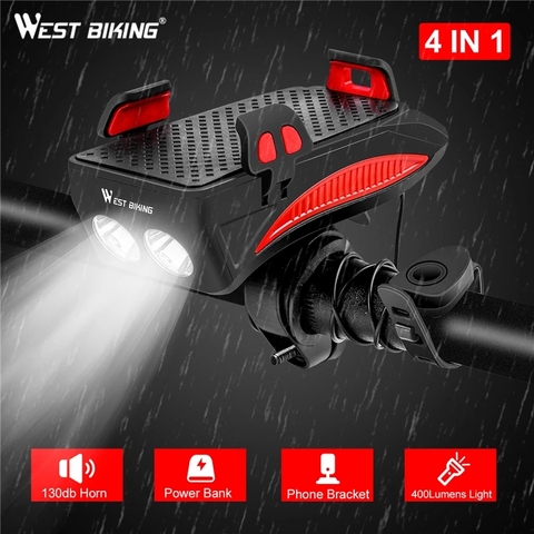 WEST vélo multifonction 4 en 1 vélo lumière 400 Lumens vélo lampe de poche vélo klaxon support pour téléphone batterie externe vélo avant lumière ► Photo 1/6