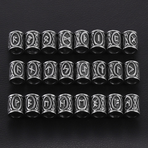 24 pièces acier inoxydable Viking Rune perles pour barbes de cheveux grand trou 6mm 8mm aîné Futhark bijoux Bracelet faisant des fournitures de travaux manuels ► Photo 1/6