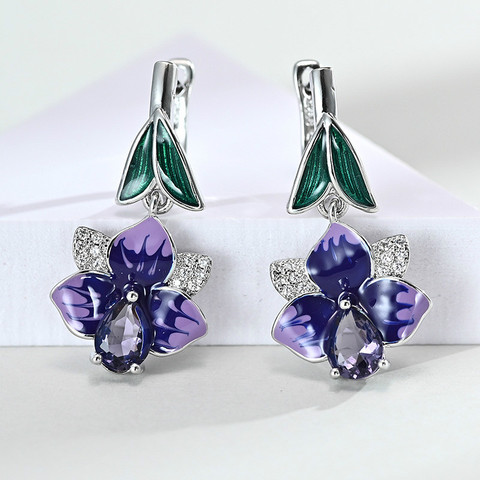 Boucles d'oreilles en zircon cubique pour femme, bijoux de haute qualité, grandes fleurs, émail violet, goutte d'eau, pour fête de mariage ► Photo 1/2