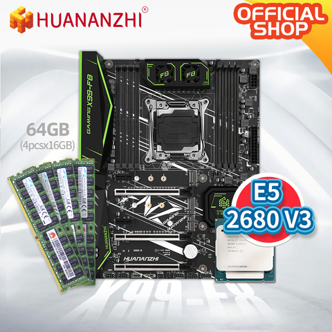 HUANANZHI X99 F8 X99 carte mère avec Intel XEON E5 2680 V3 avec 4*16G DDR4 RECC kit de mémoire combo ensemble NVME SATA USB 3.0 ► Photo 1/1