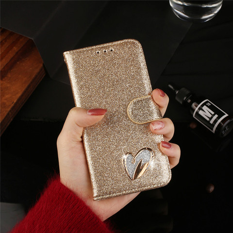 Amour Cas Pour Samsung Galaxy A21S A7 A6 A8 J6 Plus 2022 J3 J5 J7 A3 A5 2017 A50 A30S A51 A71 A70 Paillettes Bling Étui En Cuir ► Photo 1/6