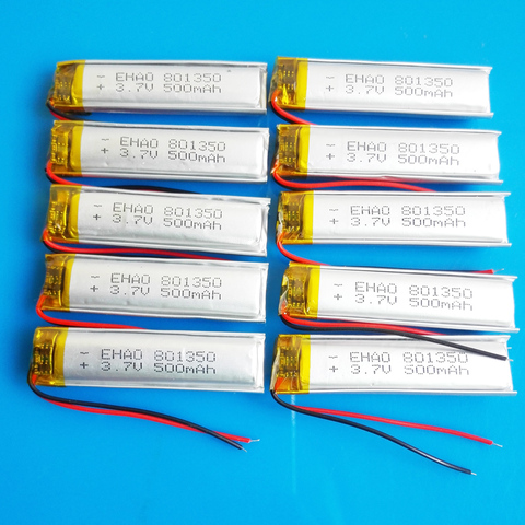 Pièces de 10 batteries lipo 801350, 3.7V, 500mAh, rechargeables, lithium polymère, pour MP3, GPS, DVD, bluetooth, enregistreur, e-book, appareil photo ► Photo 1/6