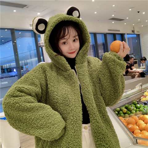 Grenouille à capuche hiver fermeture éclair en peluche confort haut hiver plus épais Chic Cutey manteau Outwear coréen à capuche doux adolescents rue veste 2XL XL ► Photo 1/6