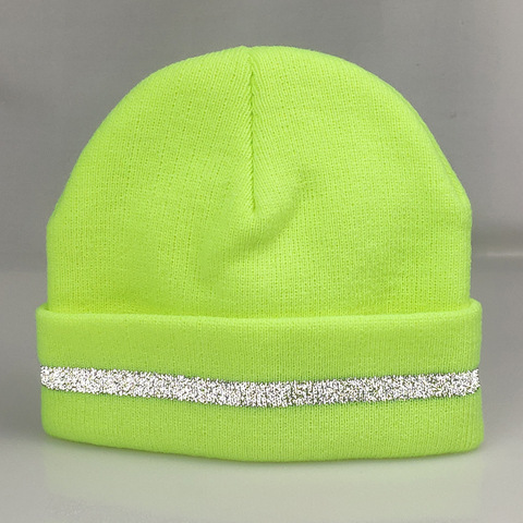 Couleur vive pompier réfléchissant Beanie hiver sécurité nuit en cours d'exécution tricoté chapeau chaud à revers chapeau néon jaune Orange noir ► Photo 1/5