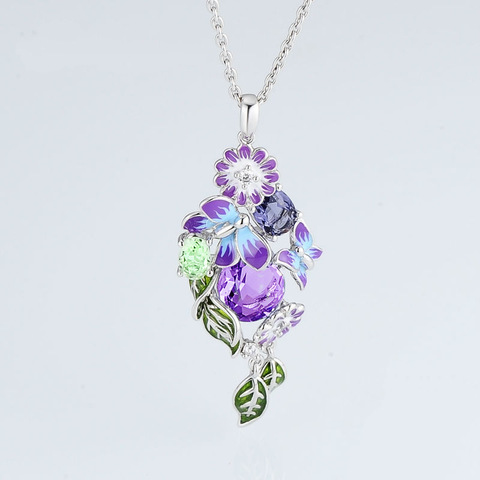 Nouveauté élégant papillon argent pendentif collier pour femmes chrysanthème feuille à la main émail collier avec chaîne ► Photo 1/4