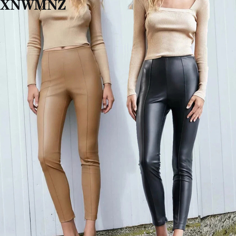 Za femmes décontracté Faux cuir Leggings femmes mode mince marron maigre Legging femmes élégant fermeture éclair crayon Leggings femmes dames ► Photo 1/6