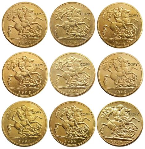 9 pièces de Dates, pour choisir roi EDWARD VII, à l'épreuve plaqué or mat, 1 souverain (1LSD), copie de pièce de monnaie, 1902-1910 ► Photo 1/6